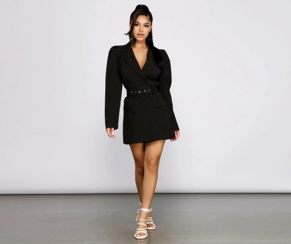 Double Breasted Belted Puff Sleeve Blazer - Image 4