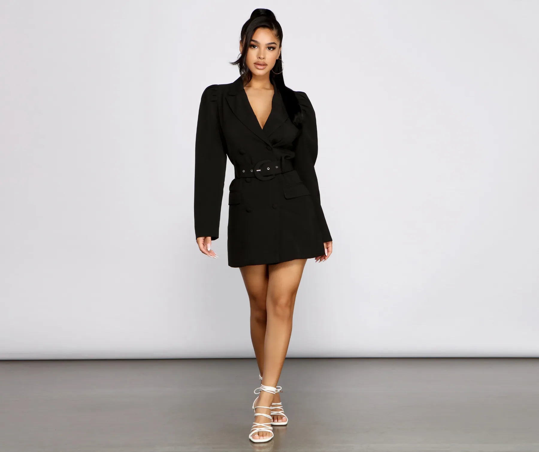 Double Breasted Belted Puff Sleeve Blazer - Image 4