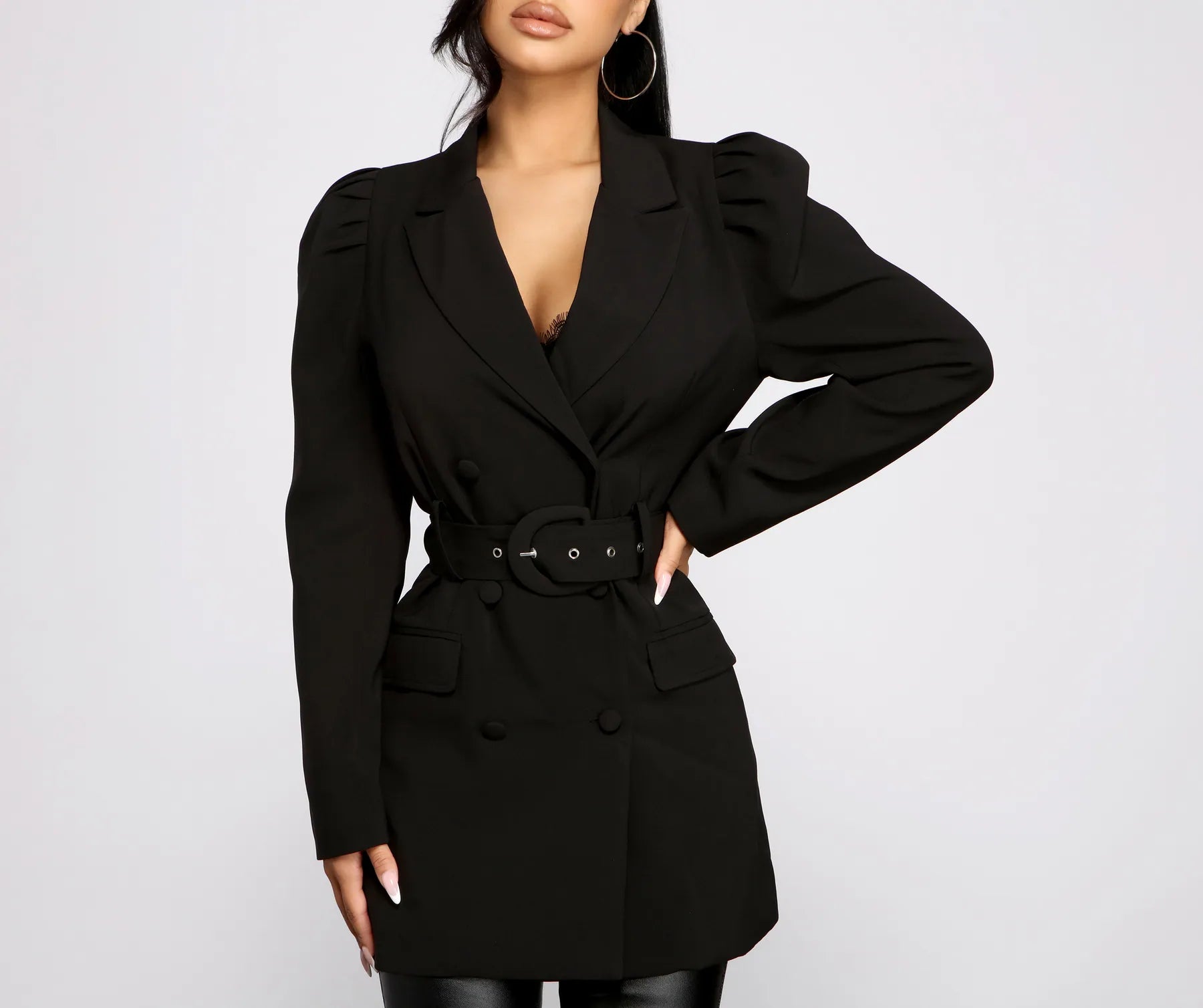 Double Breasted Belted Puff Sleeve Blazer - Image 6