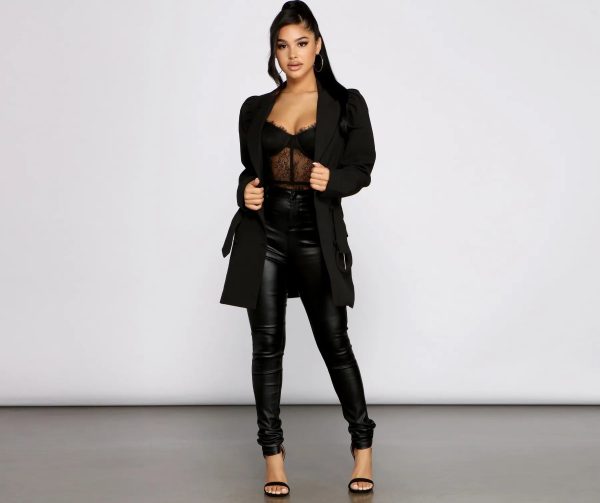 Double Breasted Belted Puff Sleeve Blazer - Image 7