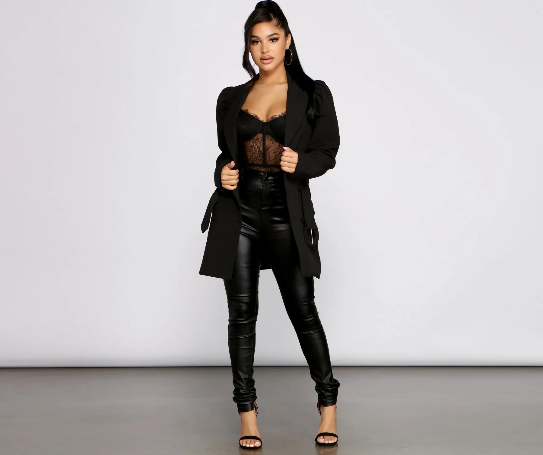 Double Breasted Belted Puff Sleeve Blazer - Image 7