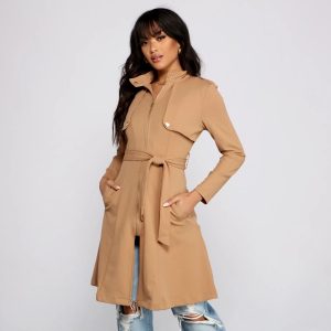 Belted Sophistication Crepe Trench Dress