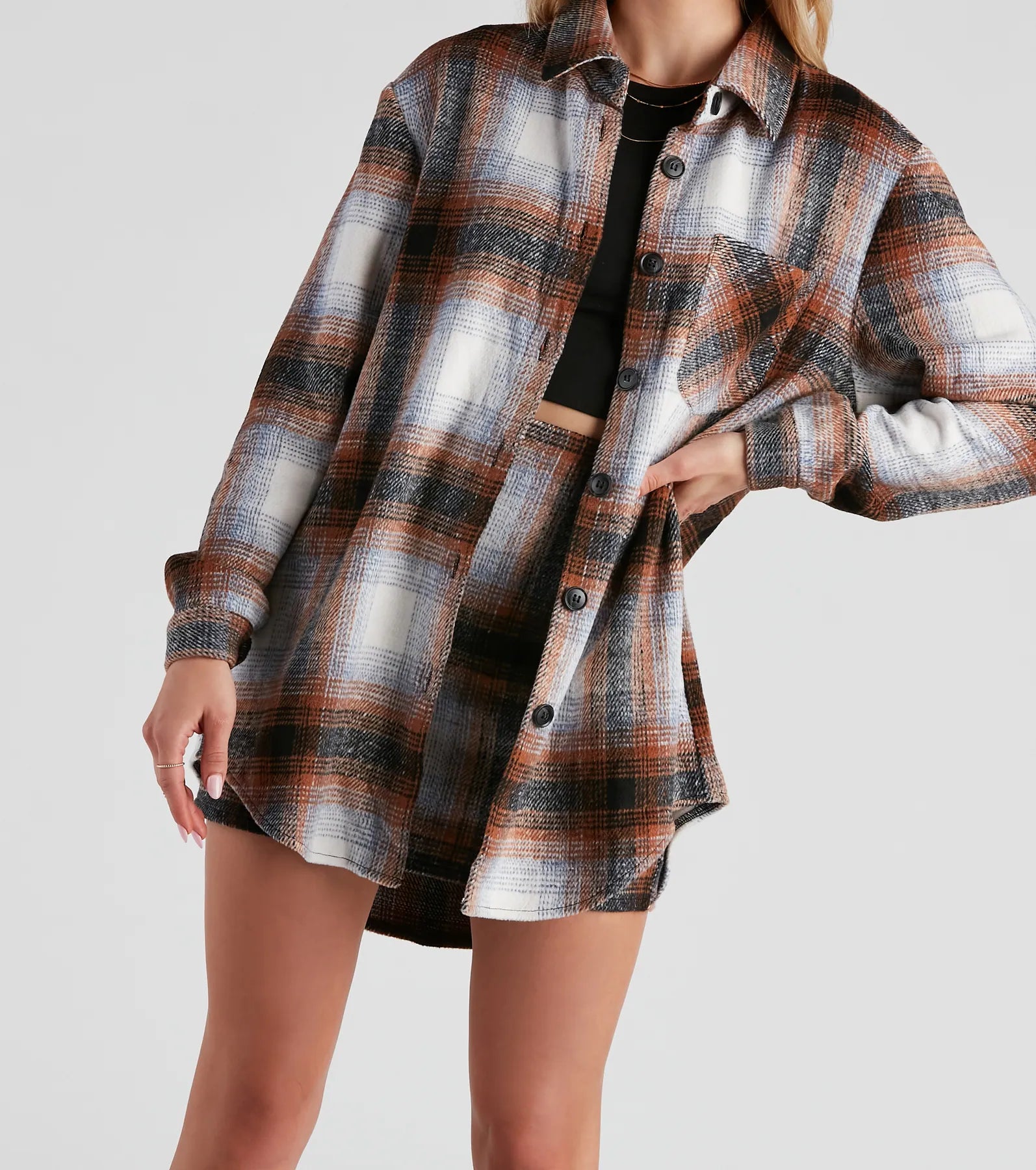 Preppy And Cute Long Plaid Shacket - Image 8