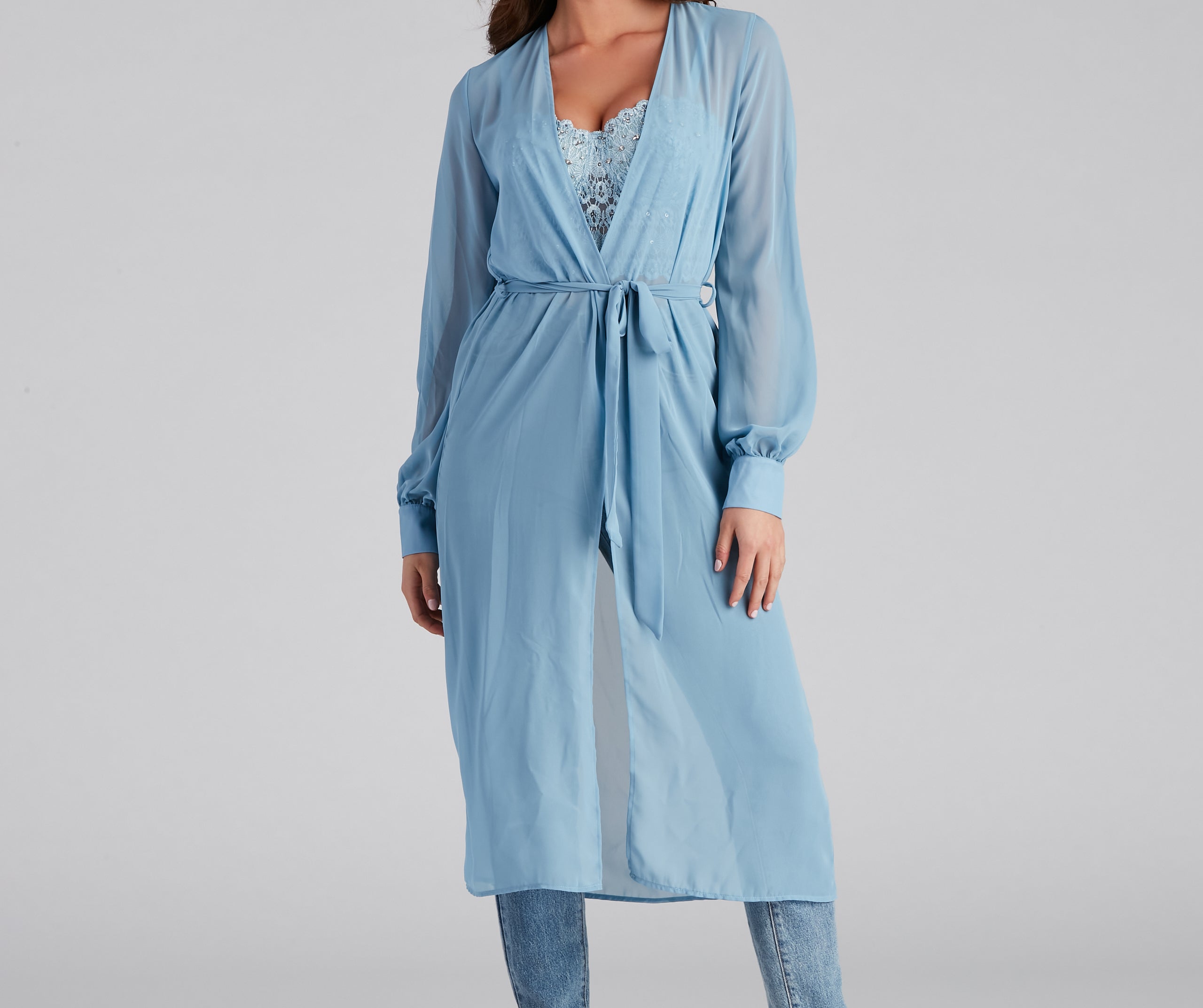 Chic Sheer Chiffon Belted Trench - Image 9