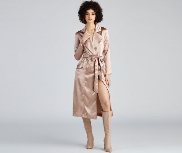 Sleek Sophistication Belted Satin Trench - Image 2