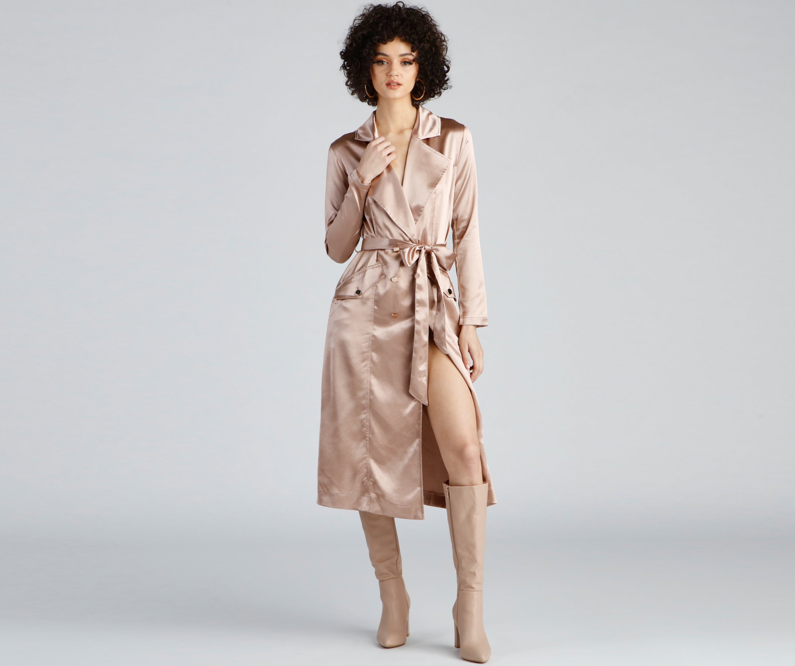 Sleek Sophistication Belted Satin Trench - Image 2