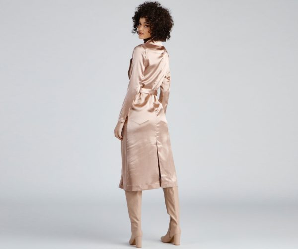 Sleek Sophistication Belted Satin Trench - Image 3
