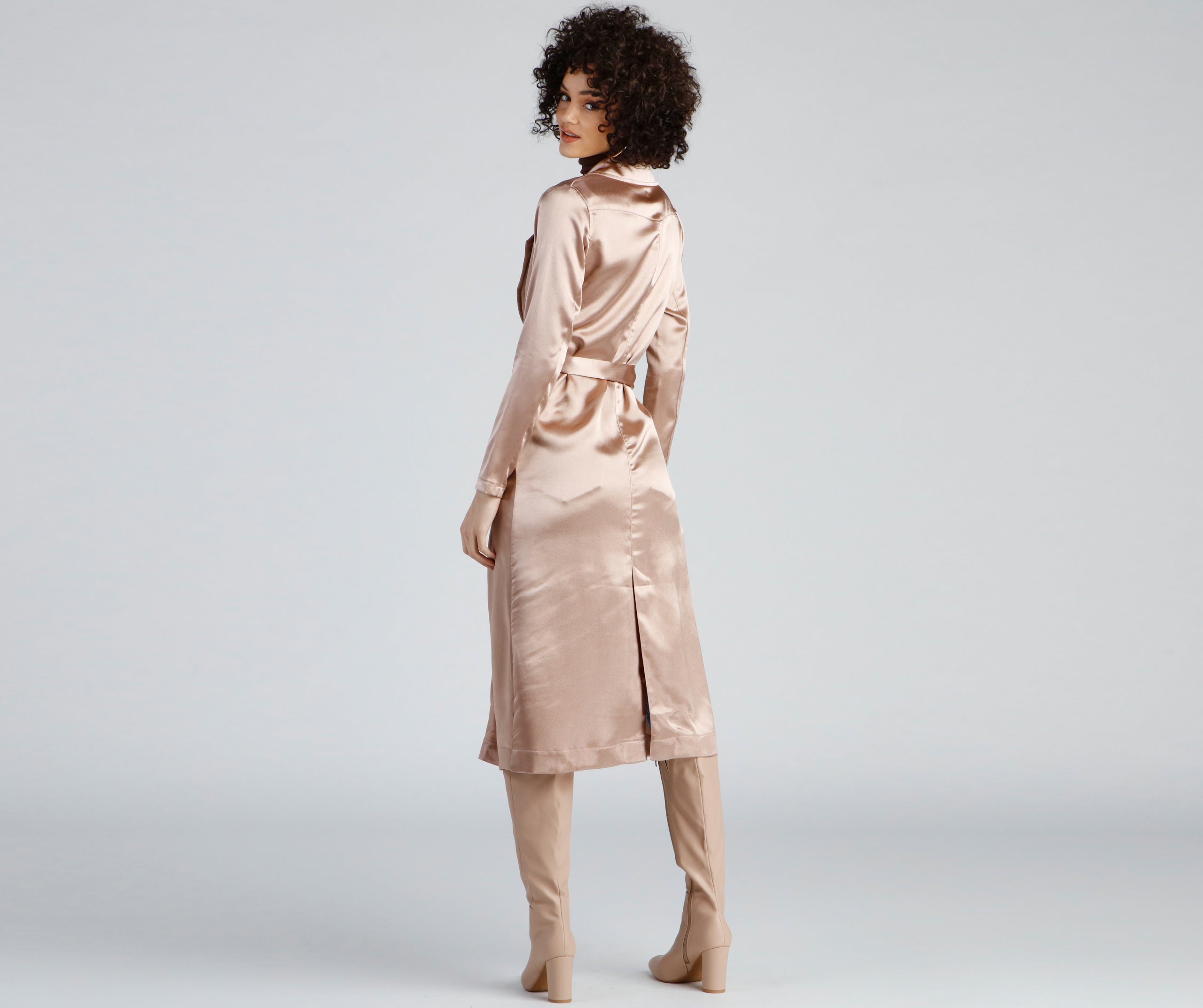 Sleek Sophistication Belted Satin Trench - Image 3