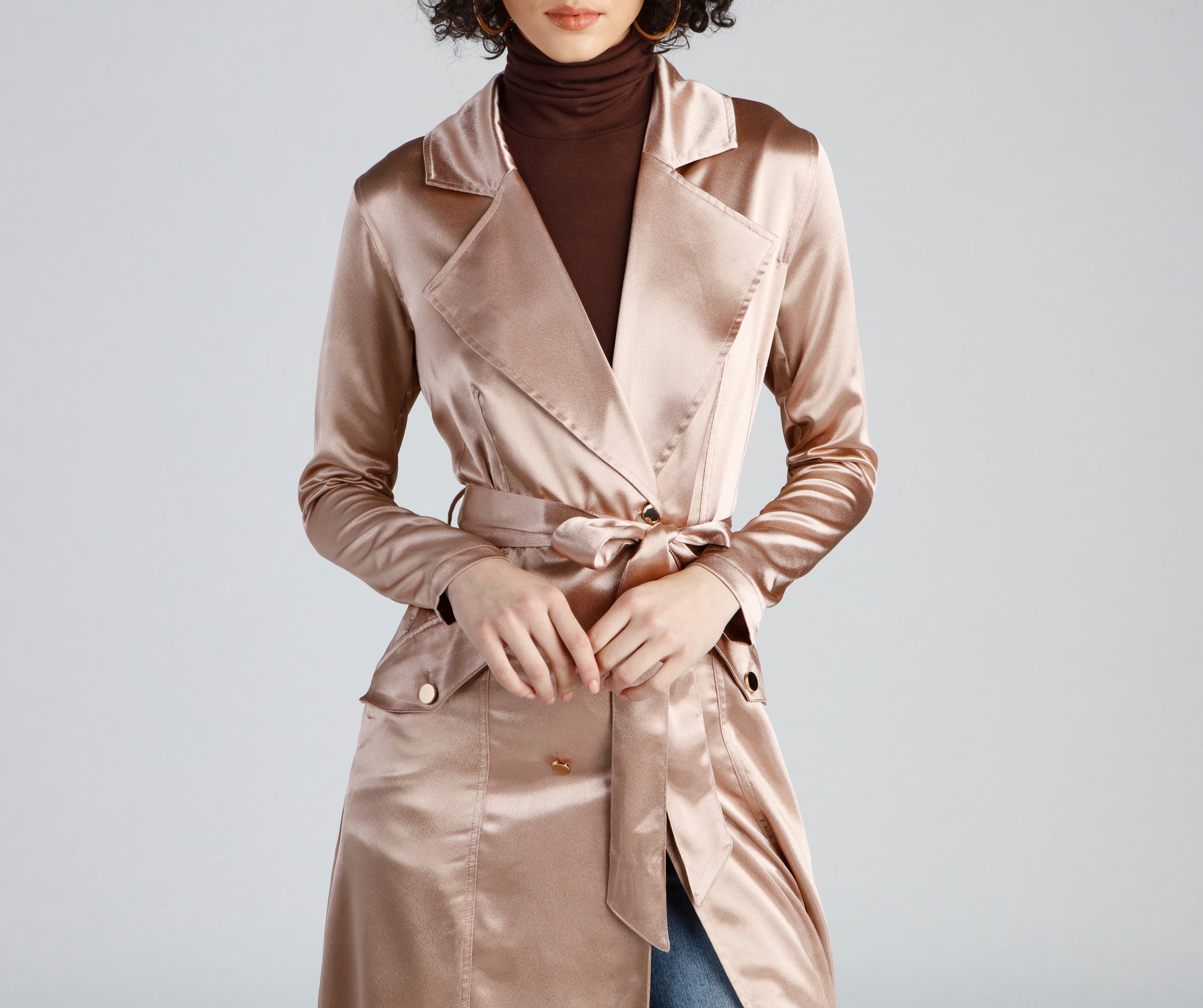 Sleek Sophistication Belted Satin Trench - Image 4