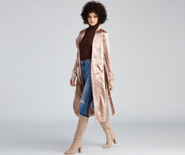 Sleek Sophistication Belted Satin Trench - Image 5