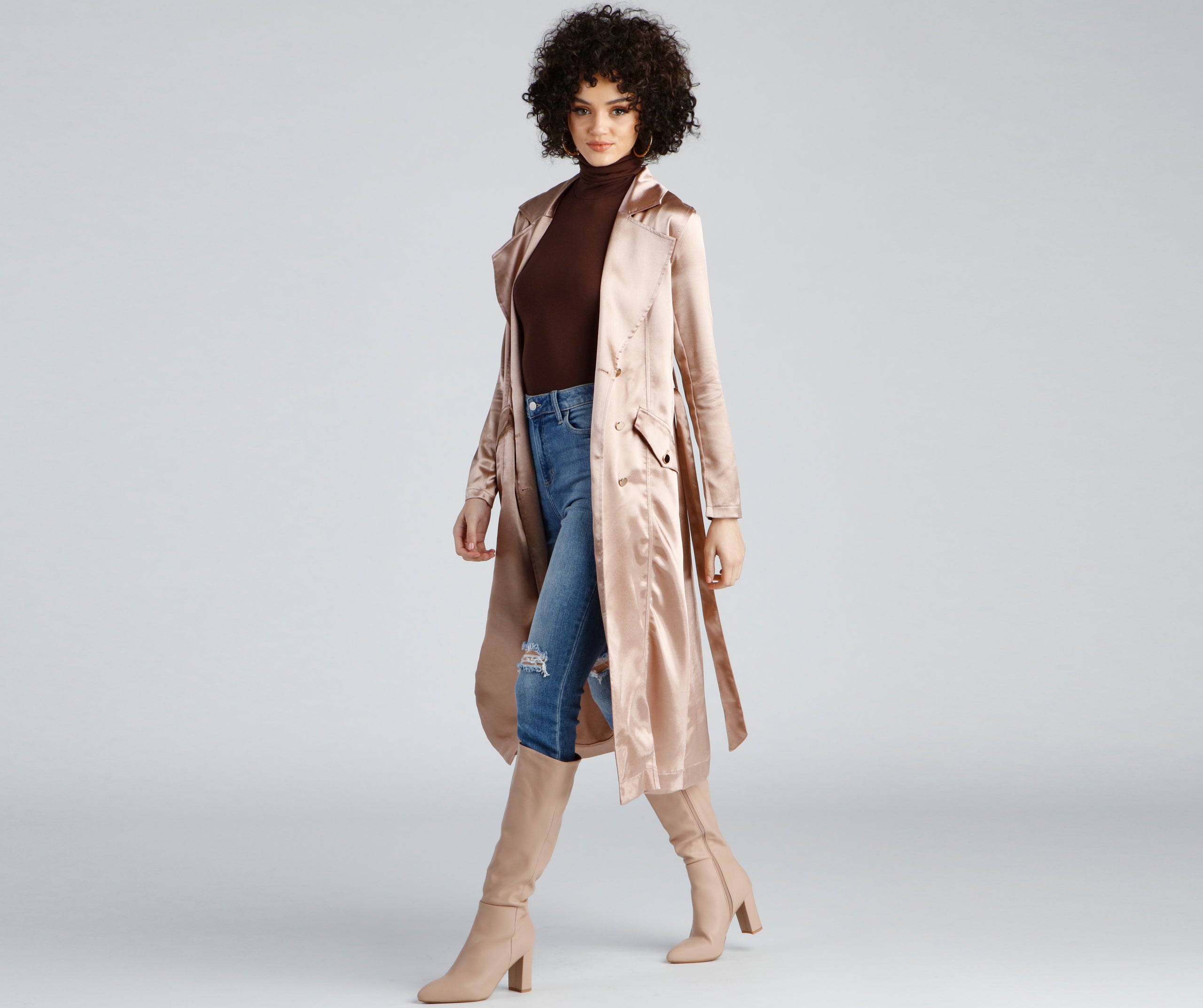 Sleek Sophistication Belted Satin Trench - Image 5