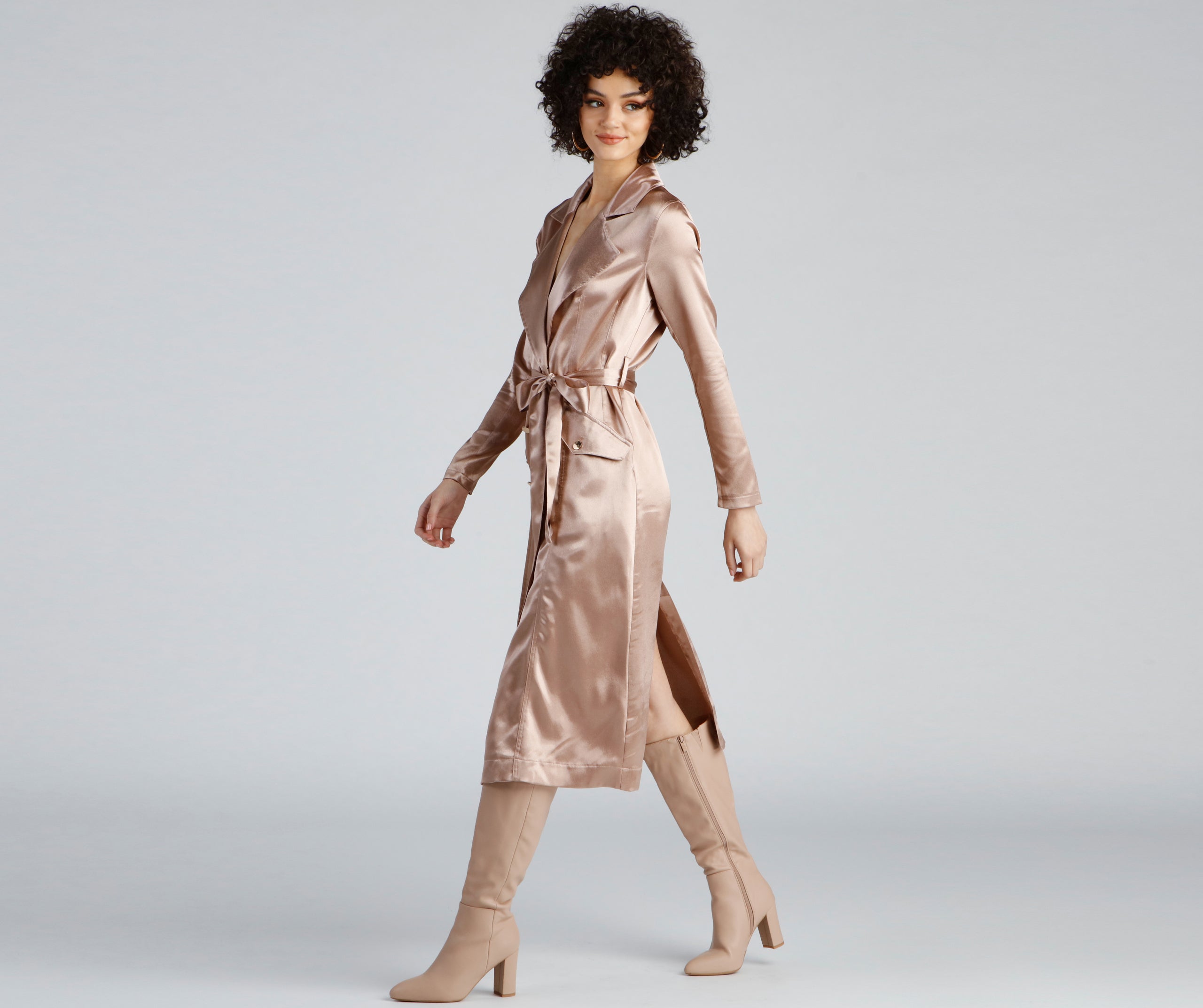 Sleek Sophistication Belted Satin Trench - Image 6