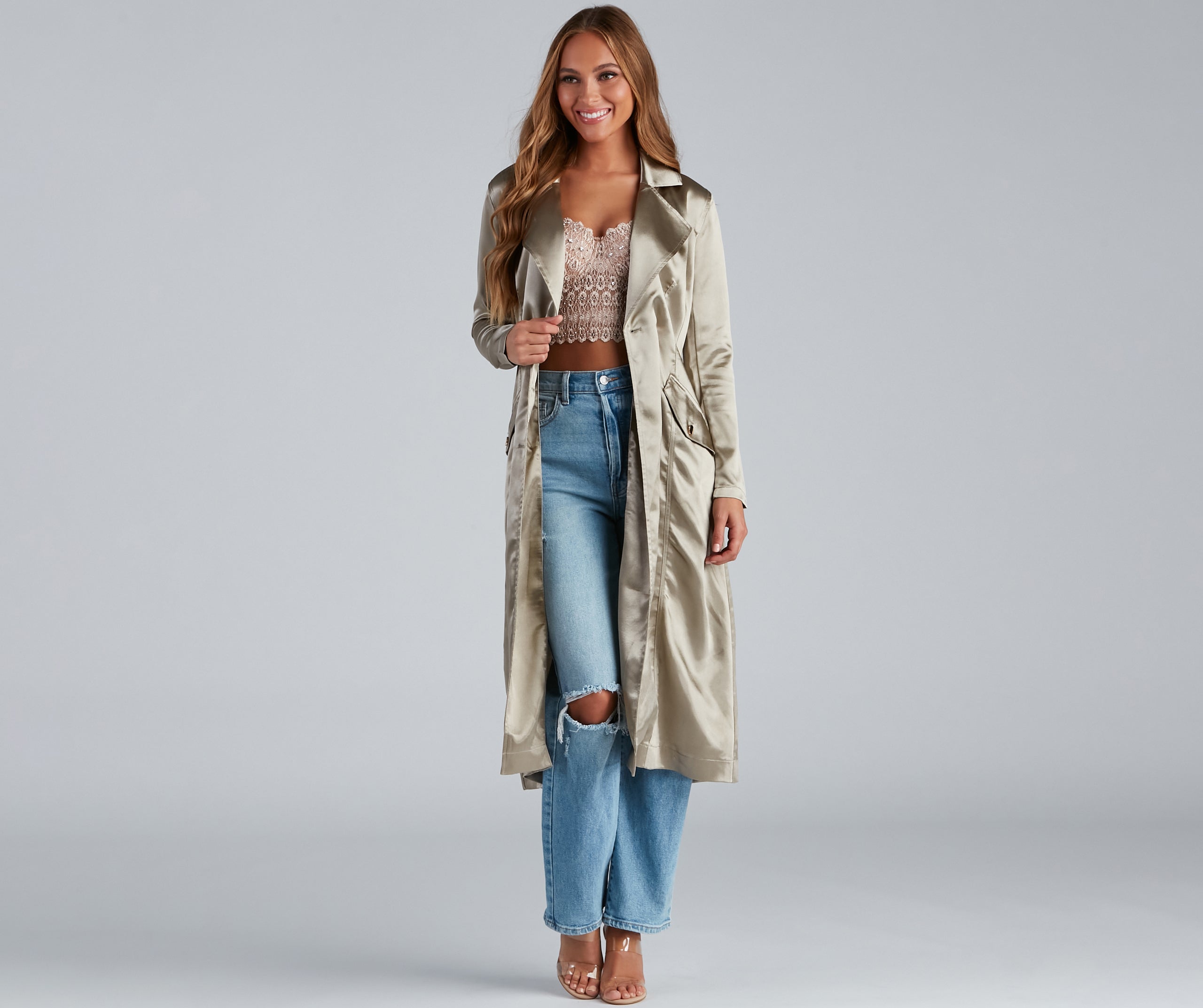 Sleek Sophistication Belted Satin Trench - Image 7
