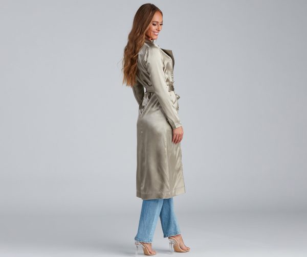 Sleek Sophistication Belted Satin Trench - Image 8