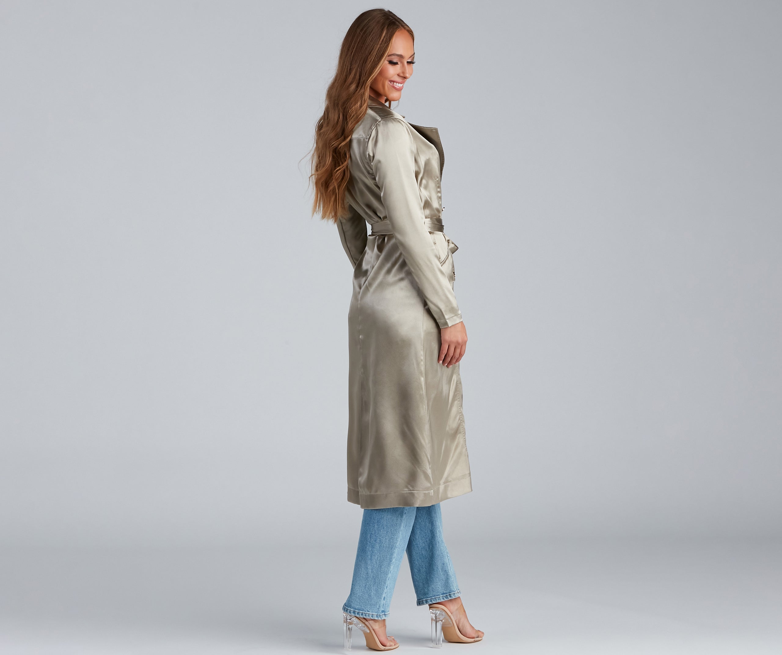 Sleek Sophistication Belted Satin Trench - Image 8