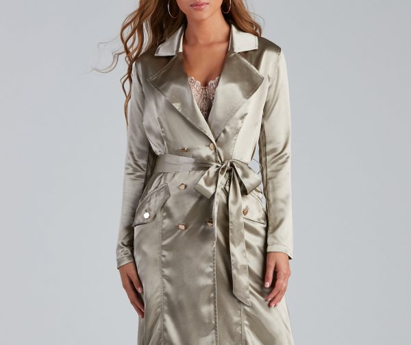 Sleek Sophistication Belted Satin Trench - Image 9