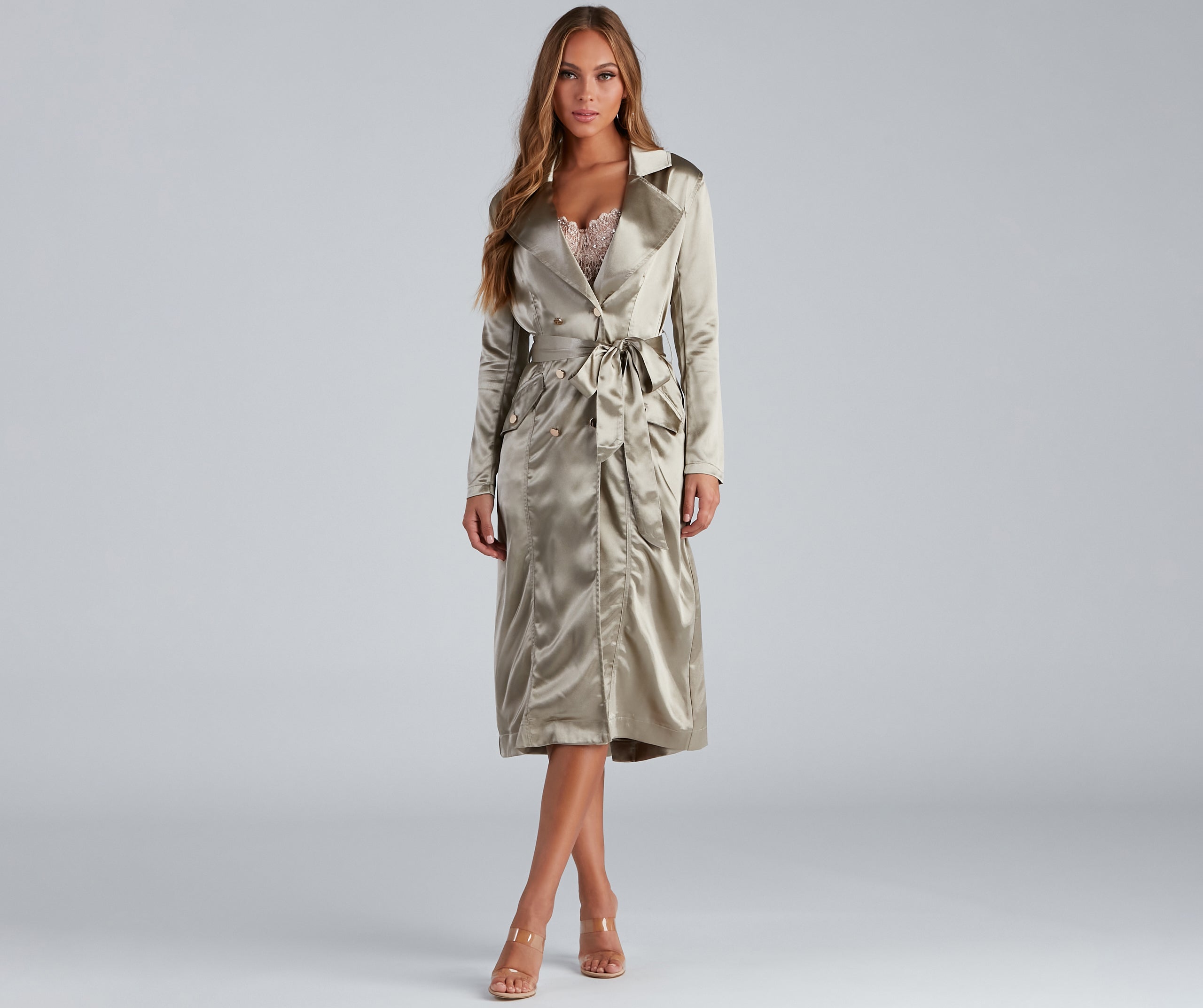 Sleek Sophistication Belted Satin Trench - Image 10