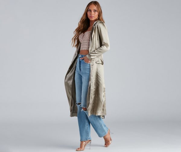Sleek Sophistication Belted Satin Trench - Image 11