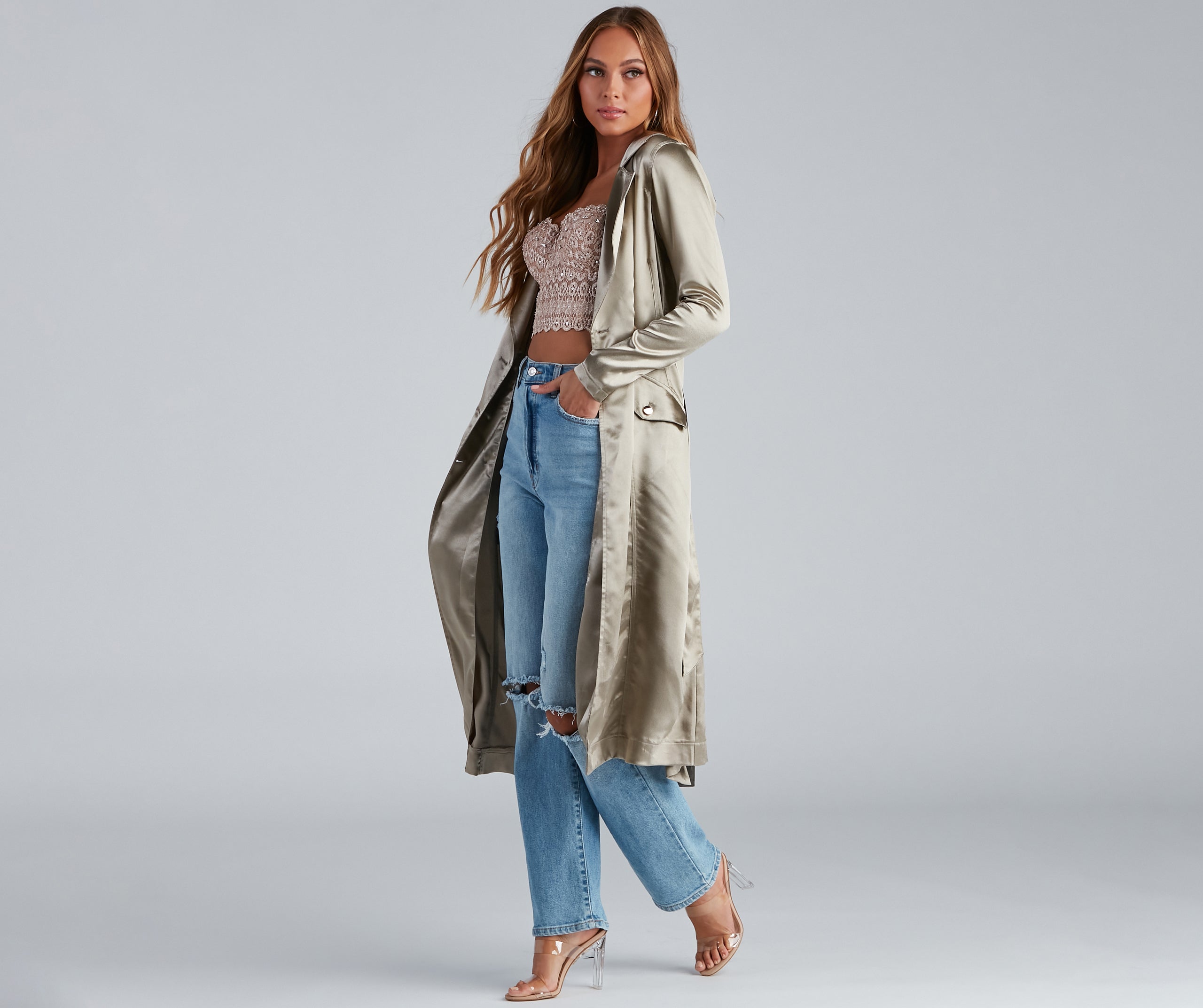 Sleek Sophistication Belted Satin Trench - Image 11
