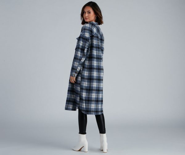 Casual-Cozy Long Line Plaid Shacket - Image 2