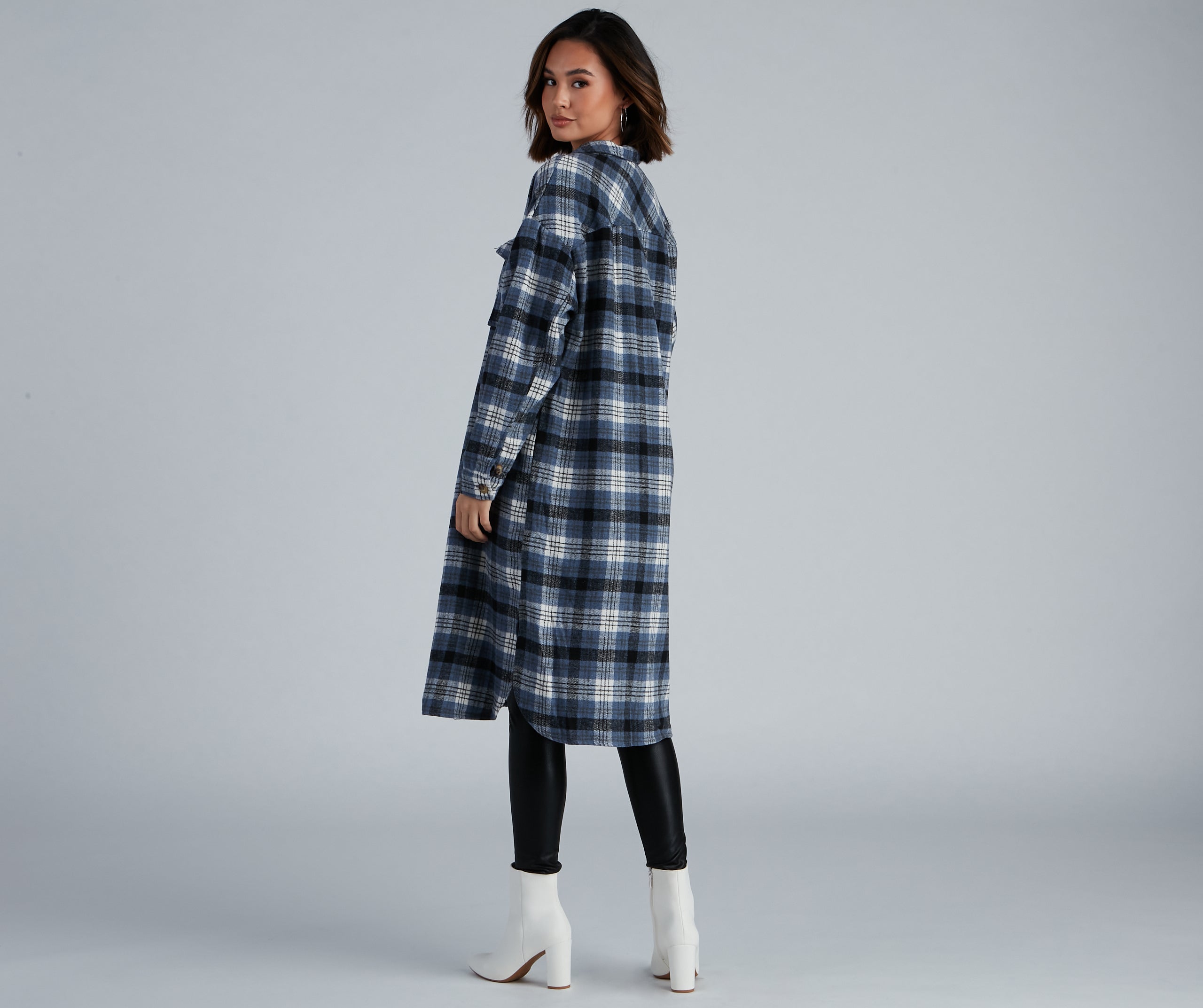 Casual-Cozy Long Line Plaid Shacket - Image 2