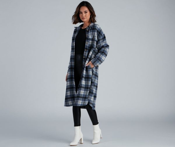Casual-Cozy Long Line Plaid Shacket - Image 3