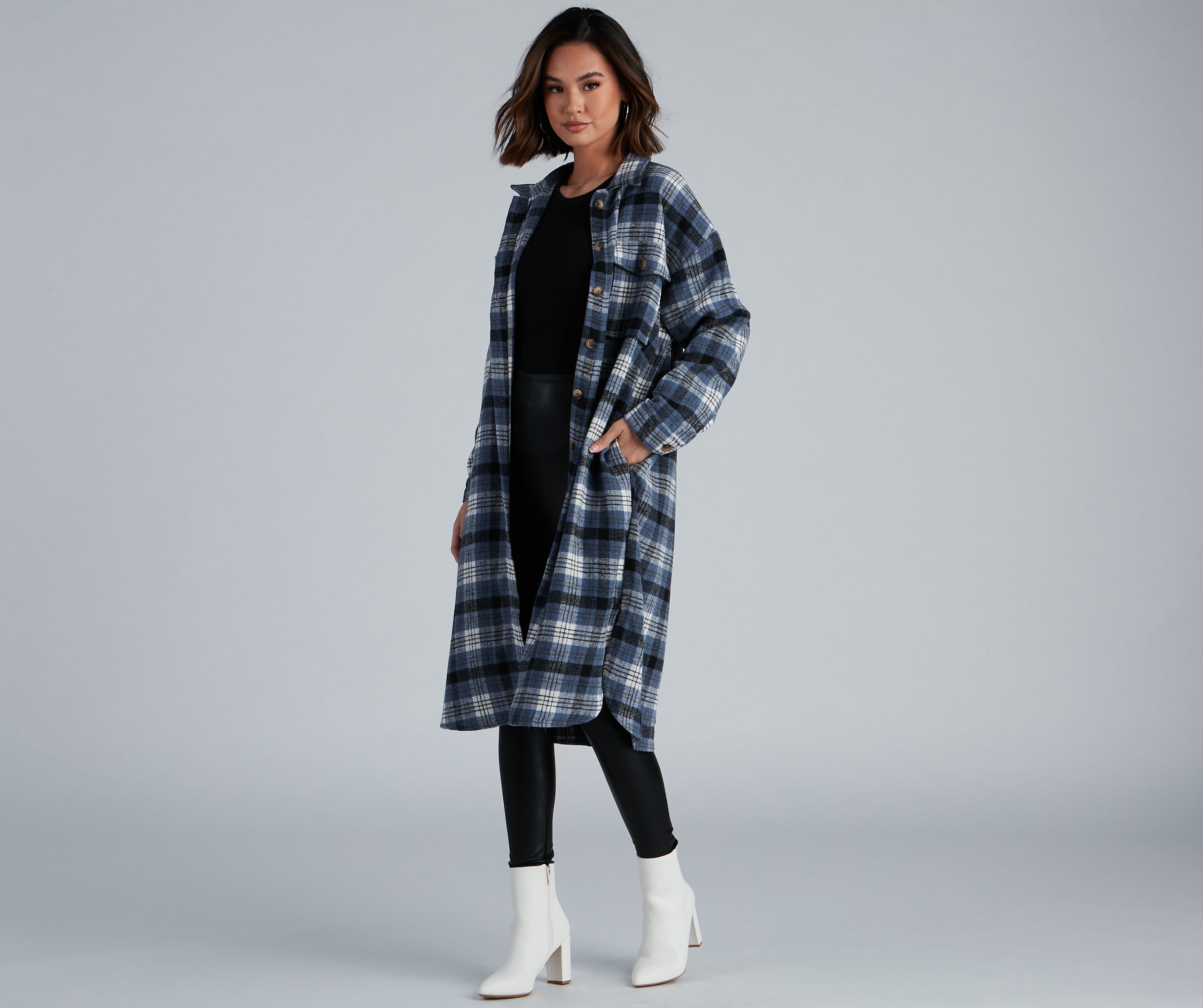 Casual-Cozy Long Line Plaid Shacket - Image 3