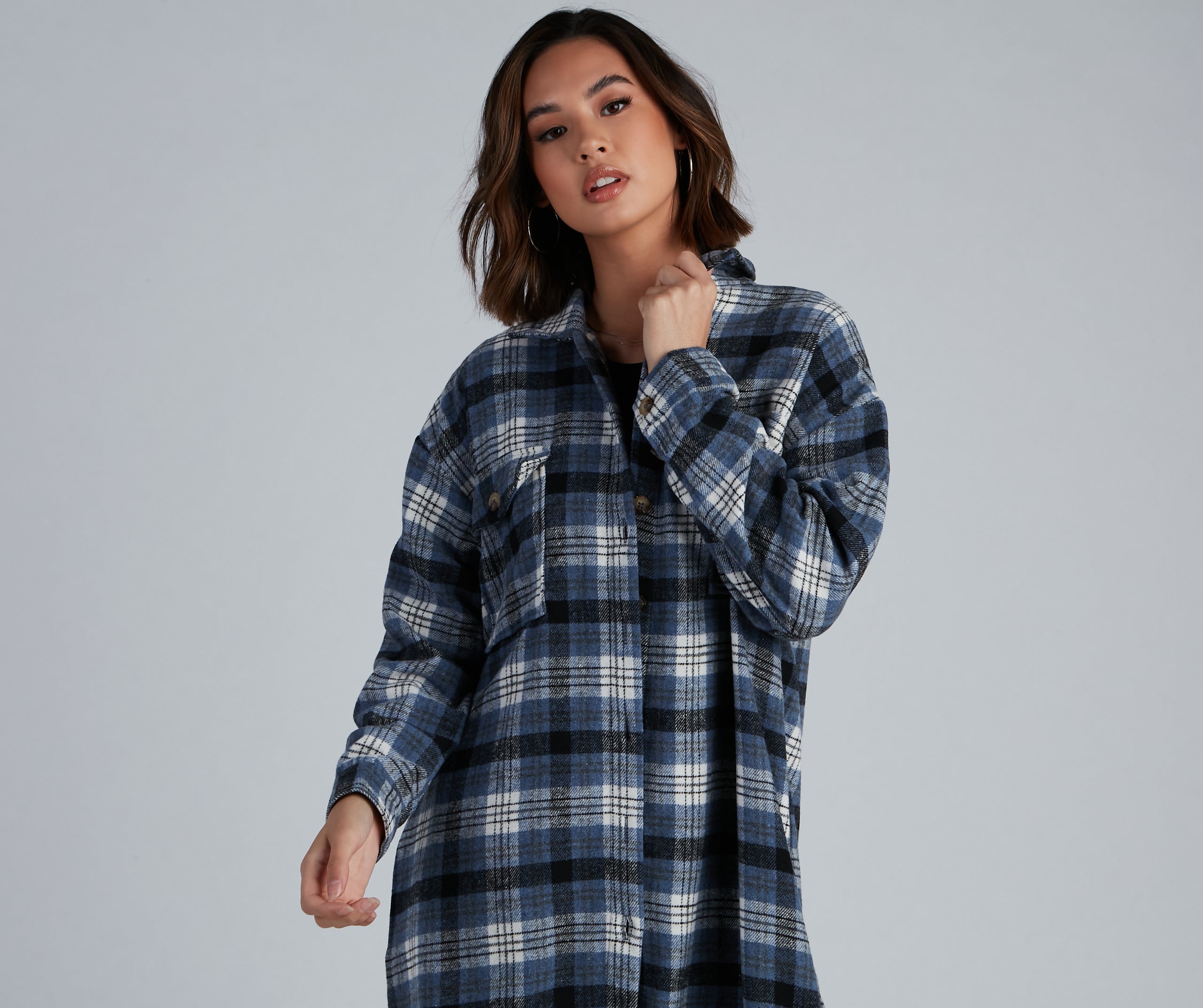 Casual-Cozy Long Line Plaid Shacket - Image 4