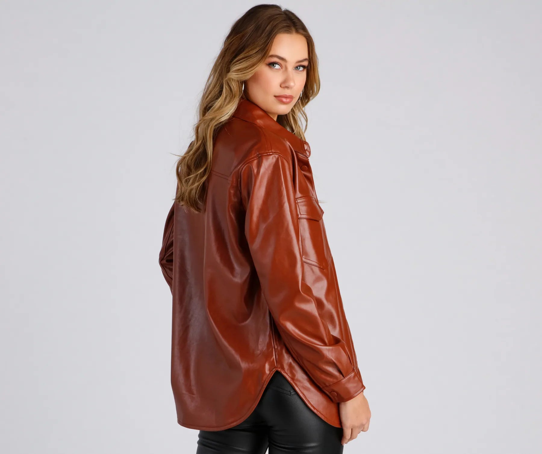 Casual-Chic Mood Faux Leather Shacket - Image 2