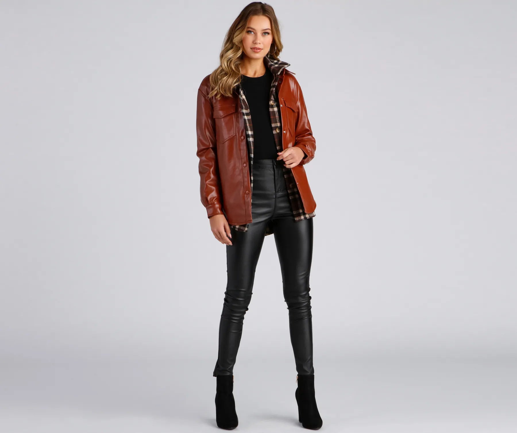 Casual-Chic Mood Faux Leather Shacket - Image 3
