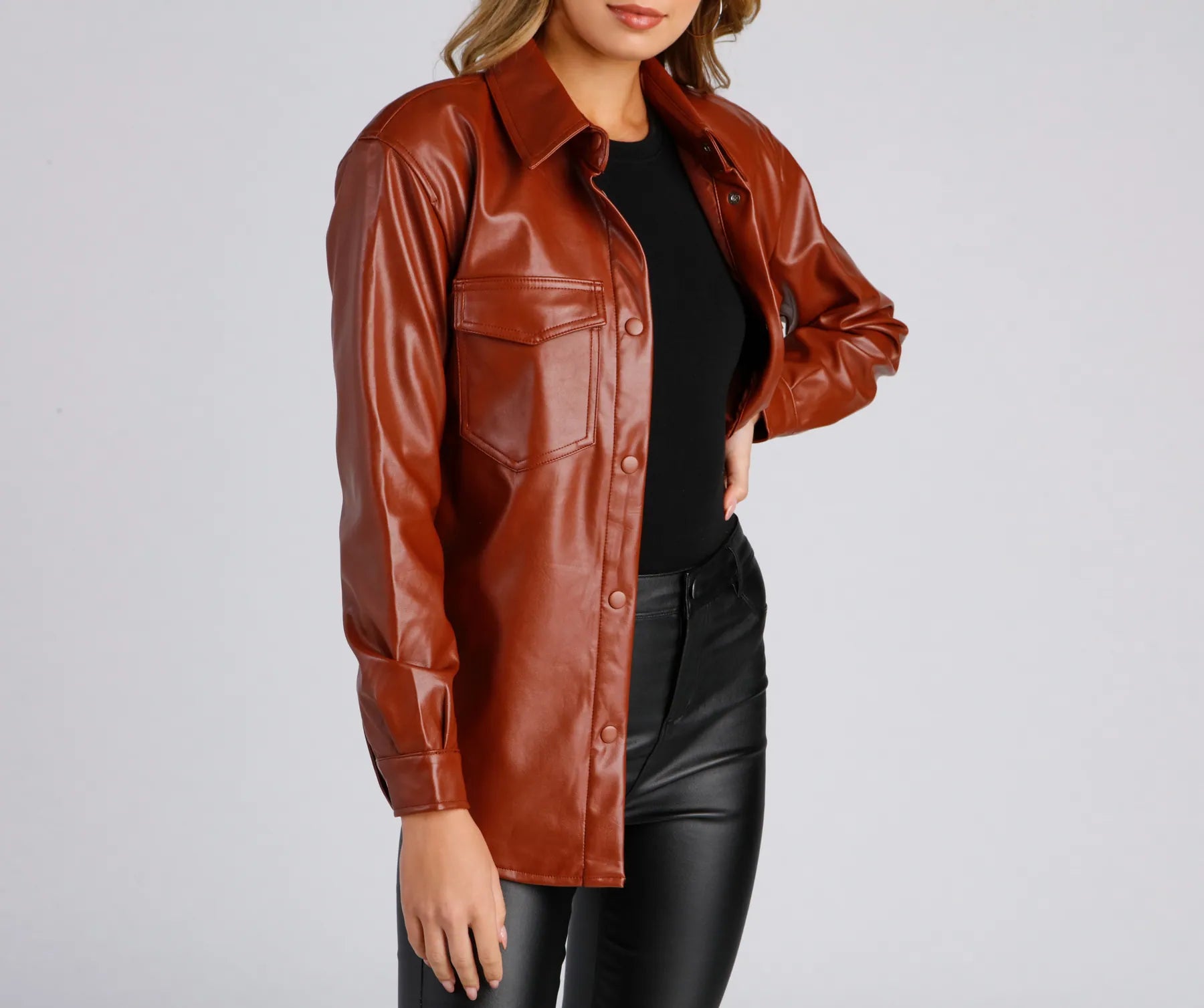 Casual-Chic Mood Faux Leather Shacket - Image 5