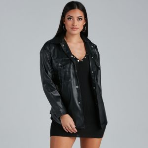Sleek Trends Faux Leather Tie-Waist Shacket