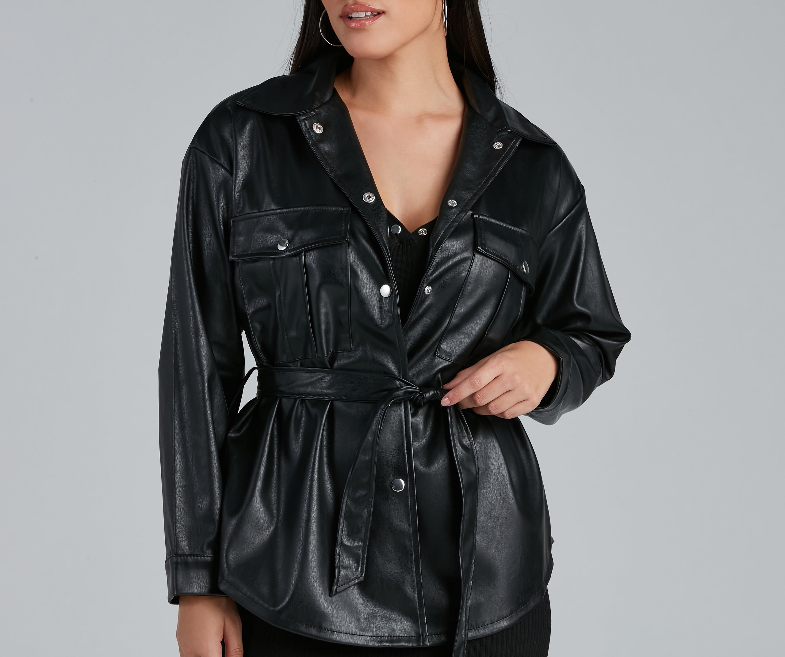Sleek Trends Faux Leather Tie-Waist Shacket - Image 3