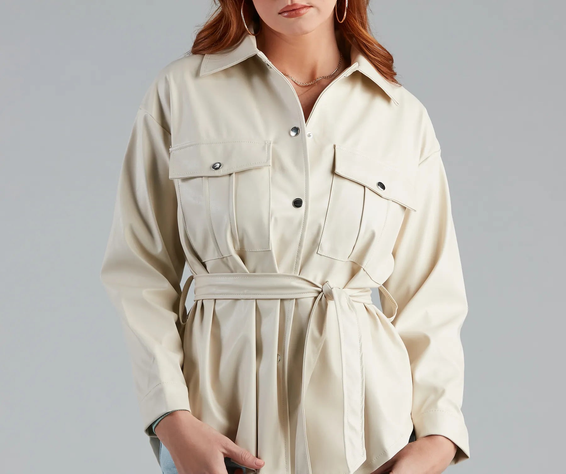 Sleek Trends Faux Leather Tie-Waist Shacket - Image 8