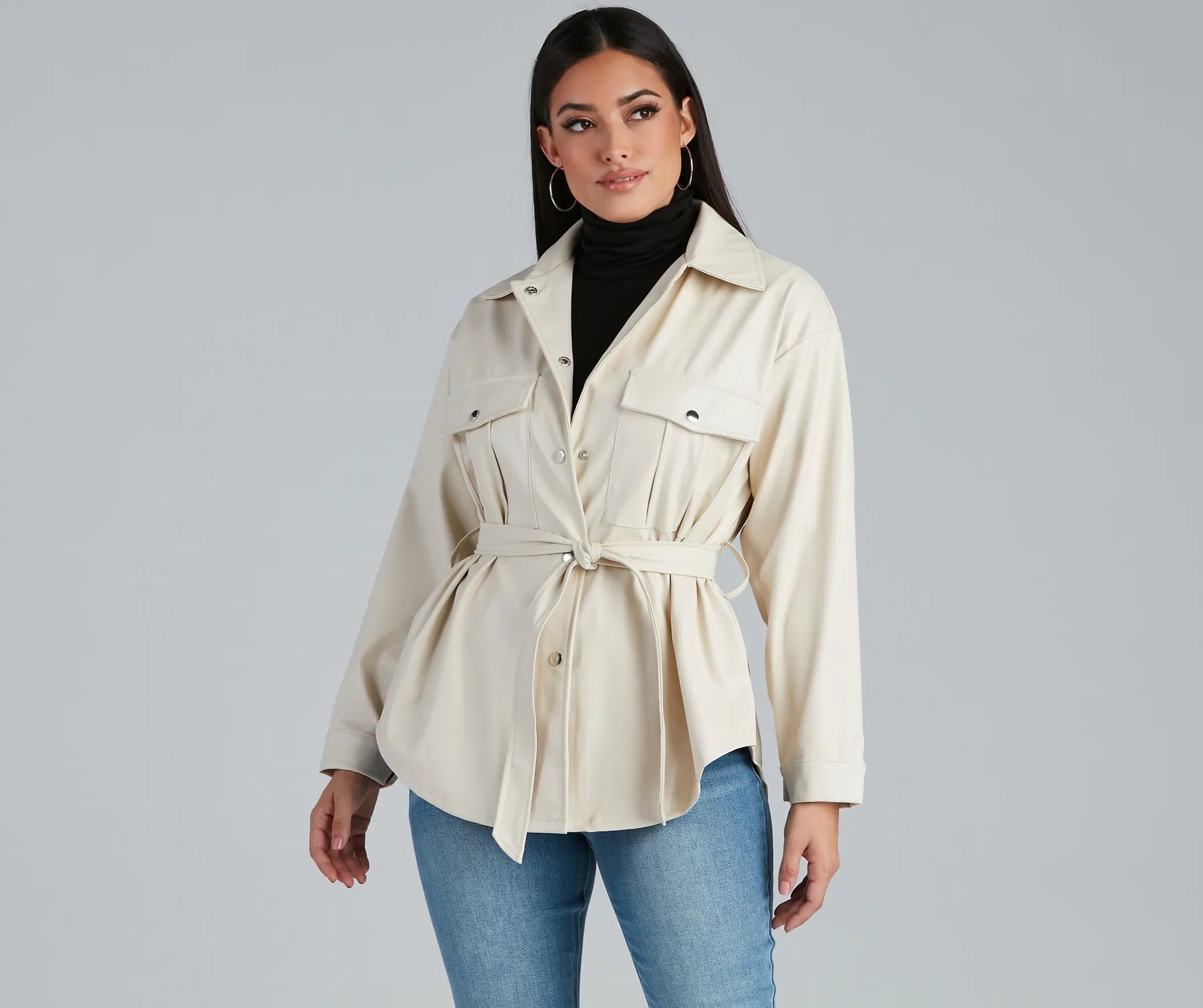Sleek Trends Faux Leather Tie-Waist Shacket - Image 9