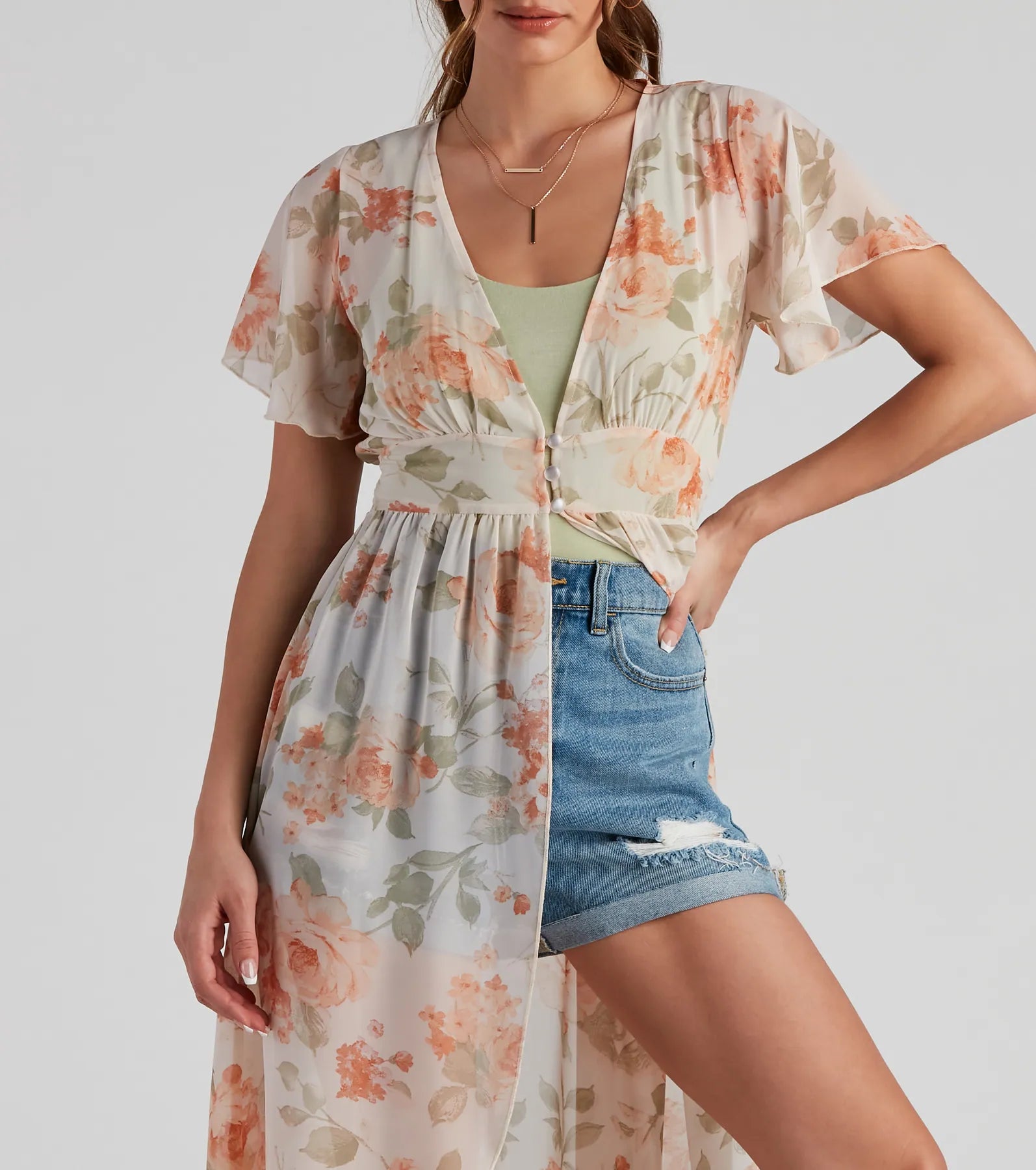 Breezy Flutter Sleeve Floral Duster - Image 2