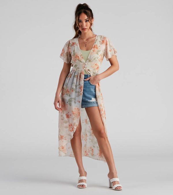 Breezy Flutter Sleeve Floral Duster - Image 3