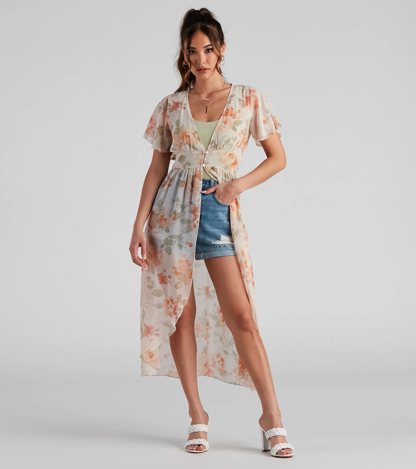 Breezy Flutter Sleeve Floral Duster - Image 3