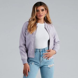 Sleek Look Faux Leather Bomber Jacket