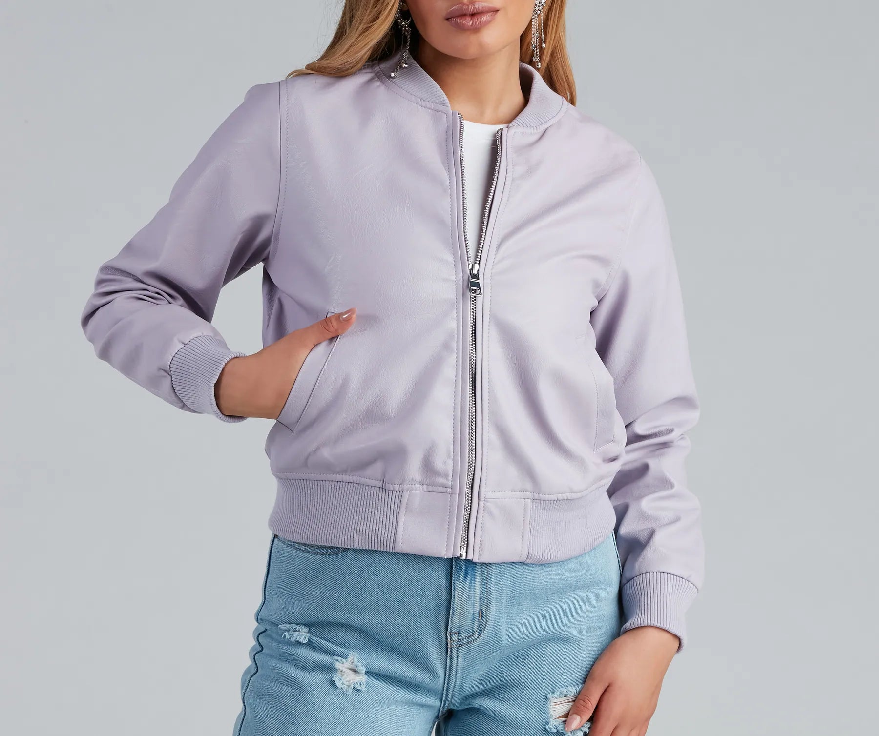 Sleek Look Faux Leather Bomber Jacket - Image 4