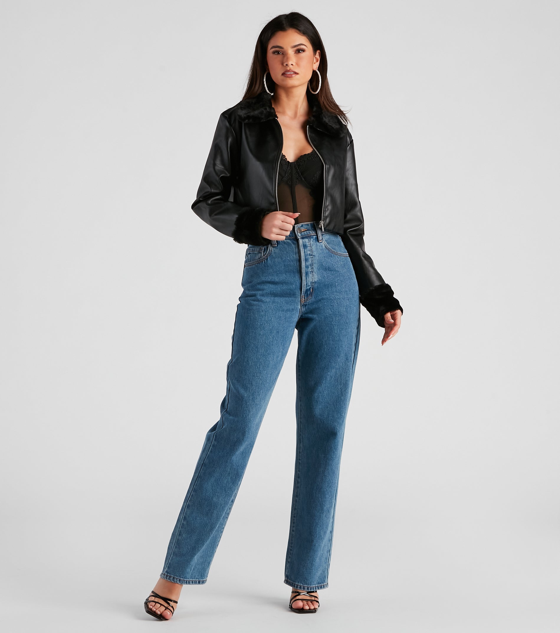 Downtown Style Faux Fur Moto Jacket - Image 3