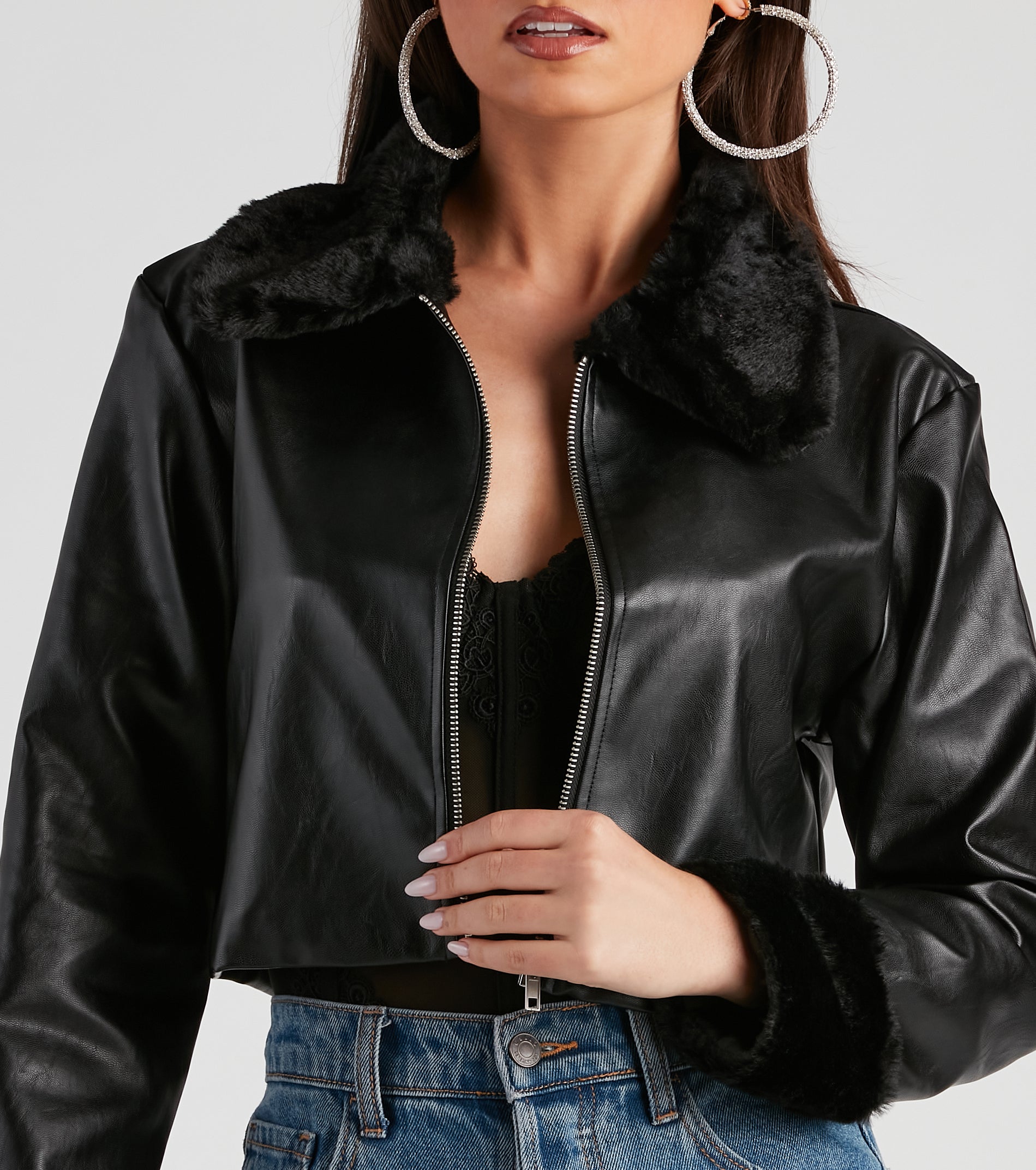Downtown Style Faux Fur Moto Jacket - Image 4