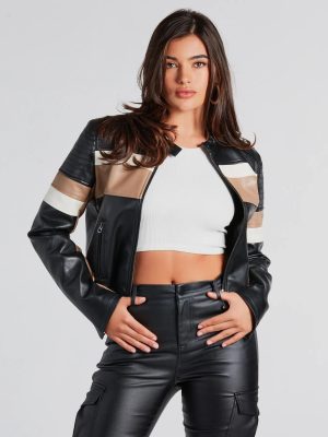 Night Drives Faux Leather Striped Moto Jacket