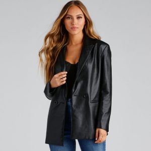 Trendy Oversized Faux Leather Blazer