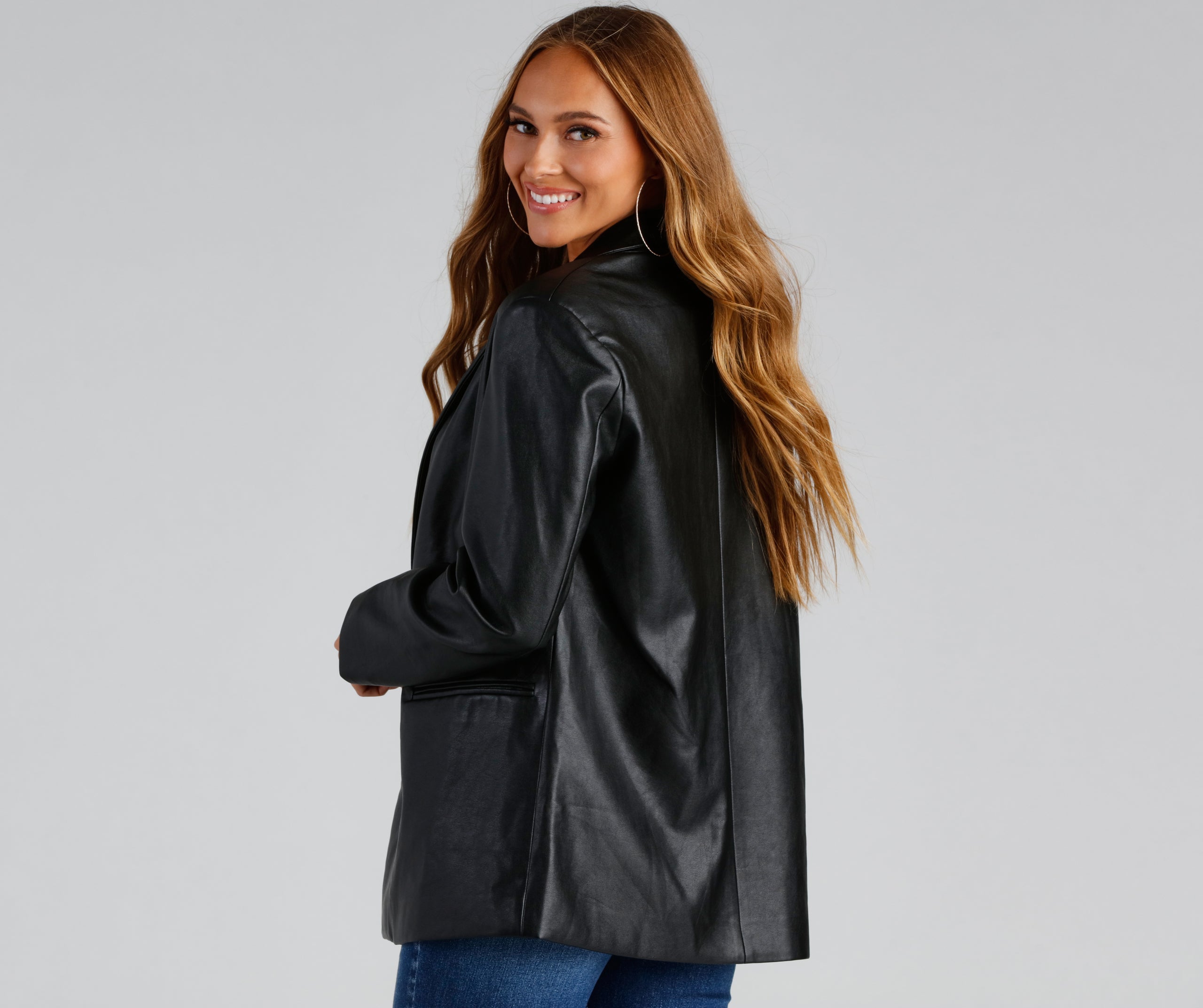 Trendy Oversized Faux Leather Blazer - Image 2