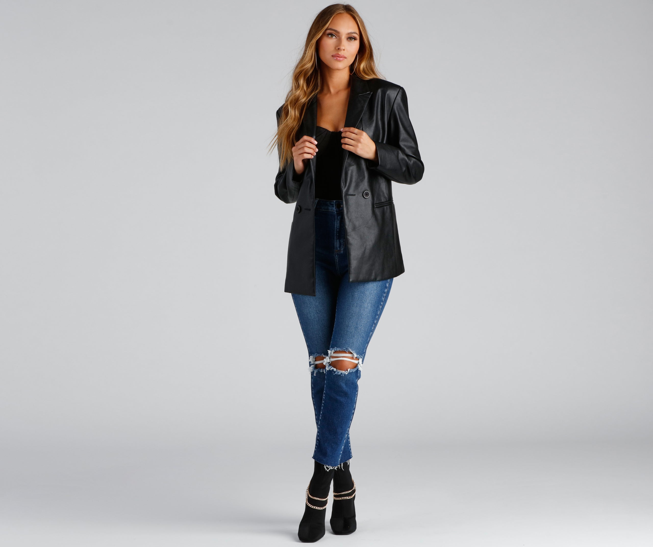 Trendy Oversized Faux Leather Blazer - Image 3