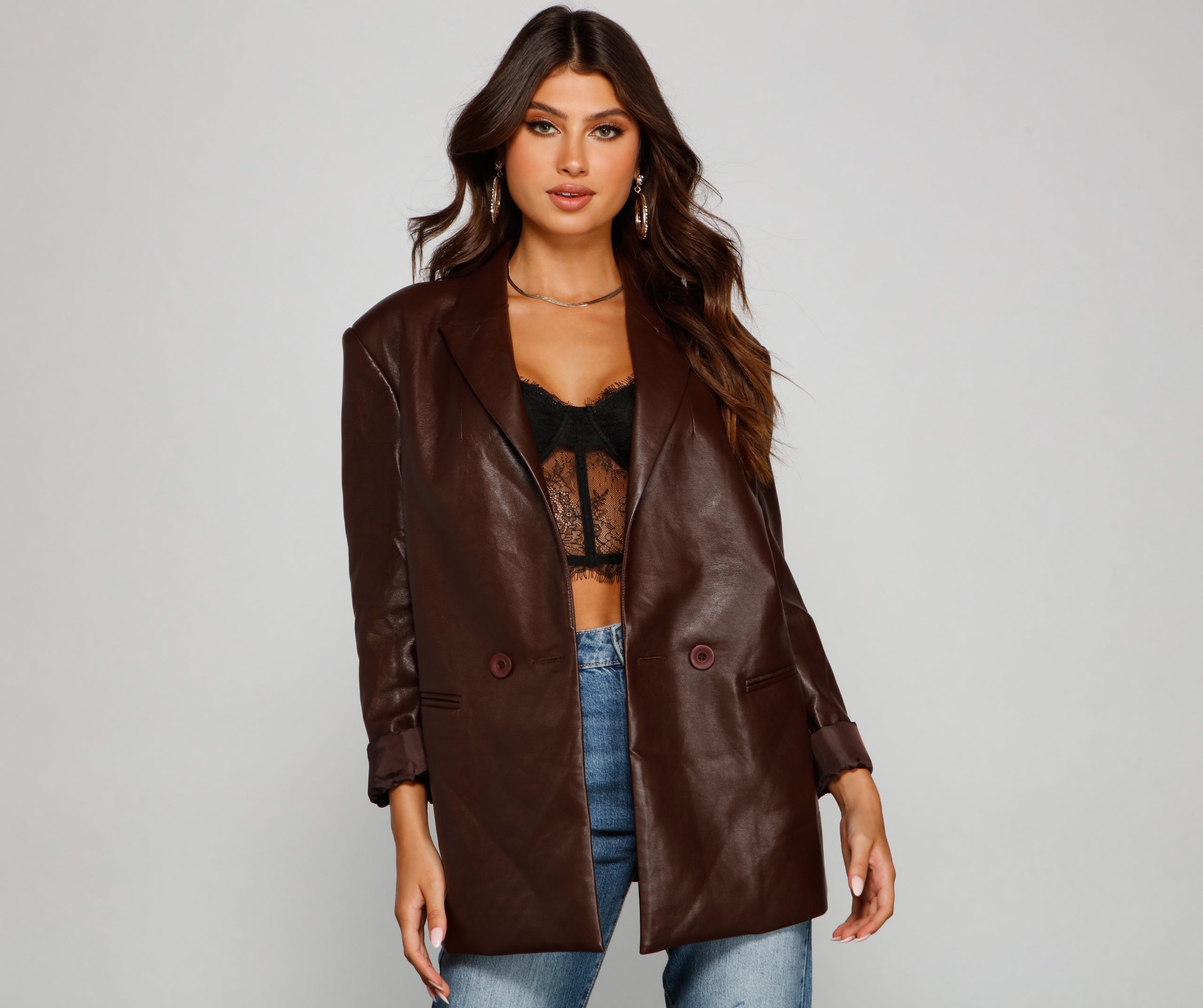 Trendy Oversized Faux Leather Blazer - Image 5