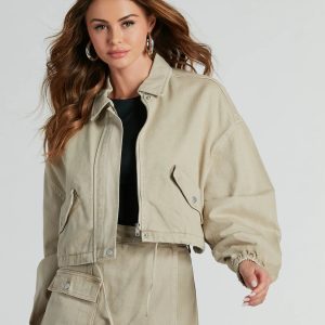 Top Notch Cargo Twill Crop Bomber Jacket
