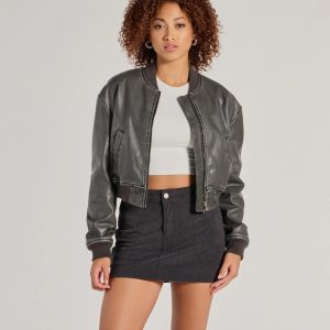 Casual Slay Cropped Oversized Faux Leather Bomber Jacket