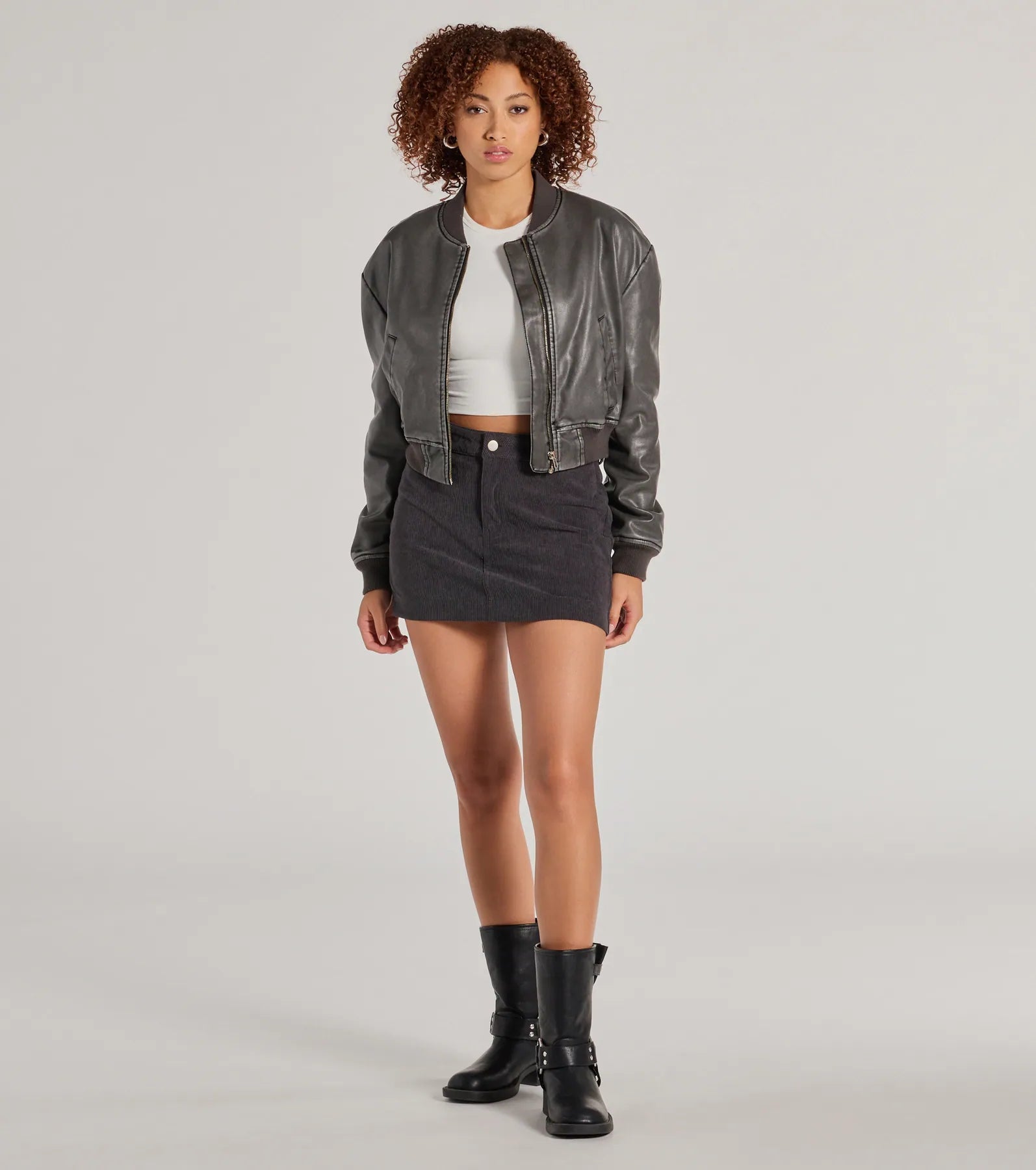 Casual Slay Cropped Oversized Faux Leather Bomber Jacket - Image 3